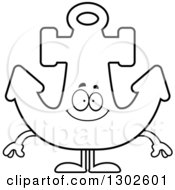 Lineart Clipart Of A Cartoon Black And White Happy Anchor Character Smiling Royalty Free Outline Vector Illustration by Cory Thoman