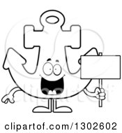 Lineart Clipart Of A Cartoon Black And White Happy Anchor Character Holding A Blank Sign Royalty Free Outline Vector Illustration by Cory Thoman
