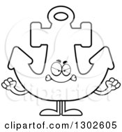 Lineart Clipart Of A Cartoon Black And White Mad Anchor Character Holding Up Fists Royalty Free Outline Vector Illustration by Cory Thoman