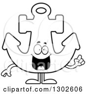 Lineart Clipart Of A Cartoon Black And White Happy Smart Anchor Character With An Idea Royalty Free Outline Vector Illustration by Cory Thoman