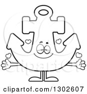 Lineart Clipart Of A Cartoon Black And White Loving Anchor Character With Open Arms And Hearts Royalty Free Outline Vector Illustration by Cory Thoman
