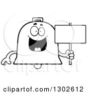 Poster, Art Print Of Cartoon Black And White Happy Bell Character Holding A Blank Sign