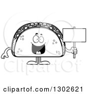 Lineart Clipart Of A Cartoon Black And White Happy Taco Food Mascot Character Holding A Blank Sign Royalty Free Outline Vector Illustration