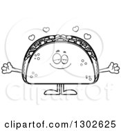 Lineart Clipart Of A Cartoon Black And White Loving Taco Food Mascot Character With Open Arms And Hearts Royalty Free Outline Vector Illustration