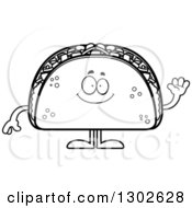 Poster, Art Print Of Cartoon Black And White Happy Friendly Taco Food Mascot Character Waving