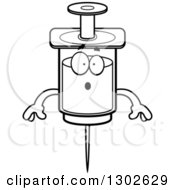 Lineart Clipart Of A Cartoon Black And White Surprised Vaccine Syringe Character Gasping Royalty Free Outline Vector Illustration by Cory Thoman