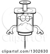 Lineart Clipart Of A Cartoon Black And White Sick Vaccine Syringe Character Royalty Free Outline Vector Illustration by Cory Thoman