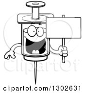 Cartoon Black And White Happy Vaccine Syringe Character Holding A Blank Sign