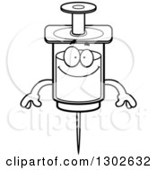 Lineart Clipart Of A Cartoon Black And White Happy Vaccine Syringe Character Smiling Royalty Free Outline Vector Illustration by Cory Thoman
