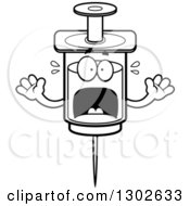 Poster, Art Print Of Cartoon Black And White Scared Vaccine Syringe Character Screaming