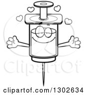 Cartoon Black And White Loving Vaccine Syringe Character With Open Arms And Hearts