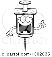 Lineart Clipart Of A Cartoon Black And White Smart Vaccine Syringe Character With An Idea Royalty Free Outline Vector Illustration by Cory Thoman