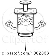Lineart Clipart Of A Cartoon Black And White Mad Vaccine Syringe Character Holding Up A Fist Royalty Free Outline Vector Illustration by Cory Thoman