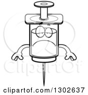 Lineart Clipart Of A Cartoon Black And White Sad Depressed Vaccine Syringe Character Pouting Royalty Free Outline Vector Illustration by Cory Thoman