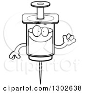 Lineart Clipart Of A Cartoon Black And White Friendly Happy Vaccine Syringe Character Waving Royalty Free Outline Vector Illustration by Cory Thoman