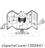 Lineart Clipart Of A Cartoon Black And White Smart Road Map Atlas Character Holding Up A Finger Royalty Free Outline Vector Illustration