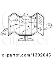 Lineart Clipart Of A Cartoon Black And White Happy Friendly Road Map Atlas Character Waving Royalty Free Outline Vector Illustration