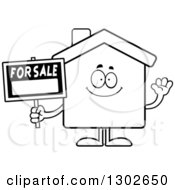 Poster, Art Print Of Cartoon Black And White Happy Friendly For Sale House Waving