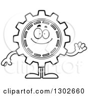 Lineart Clipart Of A Cartoon Black And White Friendly Gear Cog Wheel Character Waving Royalty Free Outline Vector Illustration