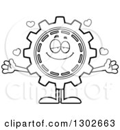 Poster, Art Print Of Cartoon Black And White Loving Gear Cog Wheel Character With Open Arms And Hearts