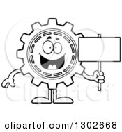 Poster, Art Print Of Cartoon Black And White Happy Gear Cog Wheel Character Holding A Blank Sign