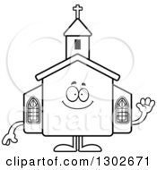 Poster, Art Print Of Cartoon Black And White Happy Friendly Church Building Character Waving