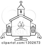 Lineart Clipart Of A Cartoon Black And White Sad Depressed Church Building Character Pouting Royalty Free Outline Vector Illustration by Cory Thoman