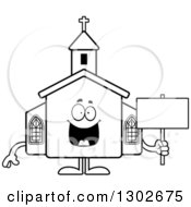 Lineart Clipart Of A Cartoon Black And White Happy Church Building Character Holding A Blank Sign Royalty Free Outline Vector Illustration