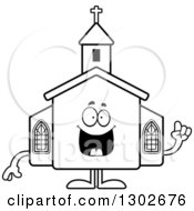 Poster, Art Print Of Cartoon Black And White Happy Smart Church Building Character With An Idea
