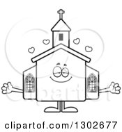 Poster, Art Print Of Cartoon Black And White Loving Welcoming Church Building Character With Open Arms And Hearts