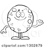 Lineart Clipart Of A Cartoon Black And White Happy Friendly Chocolate Chip Cookie Character Waving Royalty Free Outline Vector Illustration by Cory Thoman
