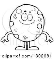 Lineart Clipart Of A Cartoon Black And White Happy Chocolate Chip Cookie Character Smiling Royalty Free Outline Vector Illustration by Cory Thoman