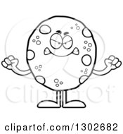 Lineart Clipart Of A Cartoon Black And White Mad Chocolate Chip Cookie Character Holding Up Fists Royalty Free Outline Vector Illustration by Cory Thoman