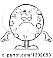 Lineart Clipart Of A Cartoon Black And White Sad Depressed Chocolate Chip Cookie Character Pouting Royalty Free Outline Vector Illustration by Cory Thoman