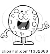 Lineart Clipart Of A Cartoon Black And White Smart Chocolate Chip Cookie Character With An Idea Royalty Free Outline Vector Illustration by Cory Thoman
