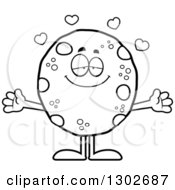 Lineart Clipart Of A Cartoon Black And White Loving Chocolate Chip Cookie Character With Open Arms And Hearts Royalty Free Outline Vector Illustration by Cory Thoman