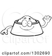 Lineart Clipart Of A Cartoon Black And White Friendly Pet Food Bowl Dish Character Waving Royalty Free Outline Vector Illustration