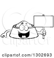 Poster, Art Print Of Cartoon Black And White Happy Pet Food Bowl Dish Character Holding A Blank Sign