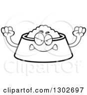 Lineart Clipart Of A Cartoon Black And White Mad Pet Food Bowl Dish Character Holding Up Fists Royalty Free Outline Vector Illustration