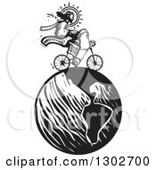 Black And White Woodcut Jesus Christ Riding A Bicycle On Earth
