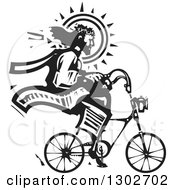 Poster, Art Print Of Black And White Woodcut Jesus Christ Riding A Bicycle