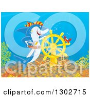 Poster, Art Print Of Crab And Pirate Shark At A Sunken Ship Helm At The Bottom Of The Sea