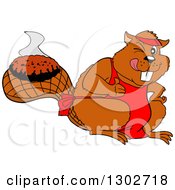 Poster, Art Print Of Cartoon Beaver Chef In An Apron Coking A Hamburger Patty On His Tail Giving A Thumb Up And Winking