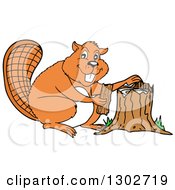 Cartoon Beaver Pulling Bark Off Of A Tree Stump