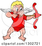 Poster, Art Print Of Cartoon Blond White Cupid Aiming His Arrow