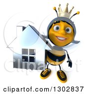 Clipart Of A 3d Queen Bee Holding Up A Chrome House Royalty Free Illustration