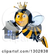Clipart Of A 3d Queen Bee Flying To The Left And Holding A Chrome House Royalty Free Illustration