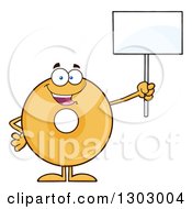 Clipart Of A Cartoon Happy Round Glazed Or Plain Donut Character Holding Up A Blank Sign Royalty Free Vector Illustration