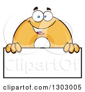 Cartoon Happy Round Glazed Or Plain Donut Character Looking Over A Blank Sign