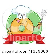 Poster, Art Print Of Cartoon Round Glazed Or Plain Chef Donut Character Licking His Lips And Holding A Spatula Over A Green Circle And Blank Red Banner